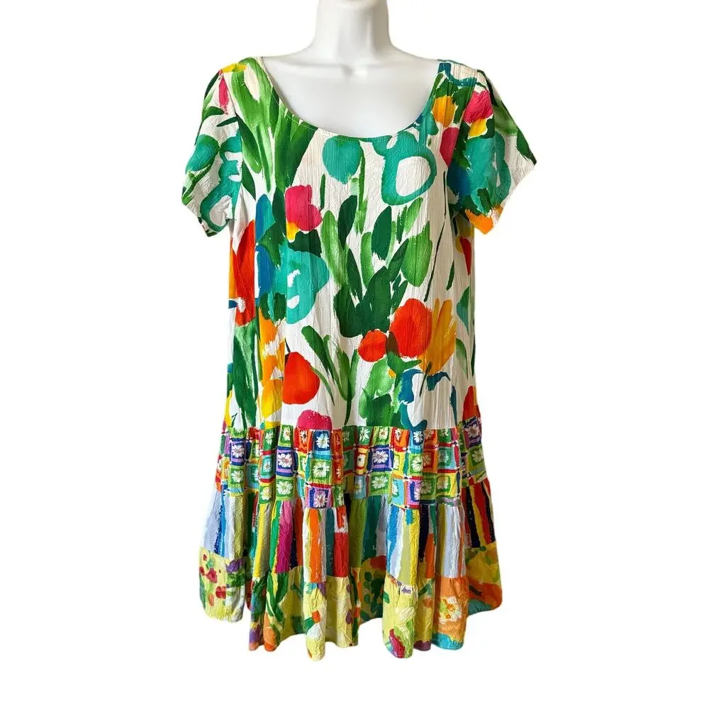 JAMS WORLD Vintage Hatie Dress Size XL Multicolor Floral Hawaiian Print Tiered - Picture 1 of 7